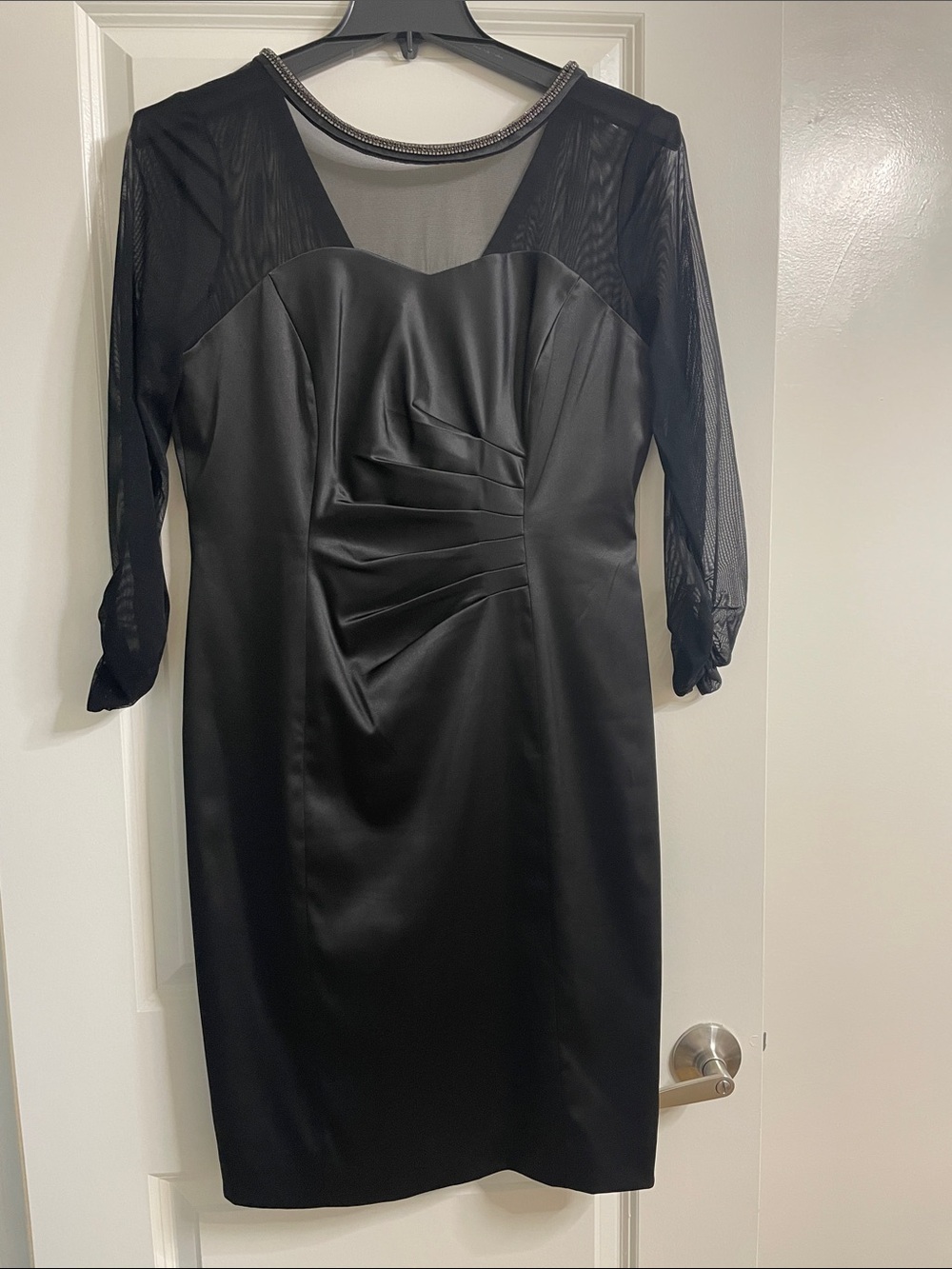 Tahari Black Satin Cocktail Sheath Dress Embellished Size 14